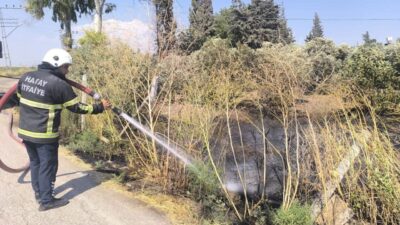 Reyhanlı ilçesinde çıkan bir yangın, Hatay Büyükşehir Belediyesi itfaiye ekiplerinin