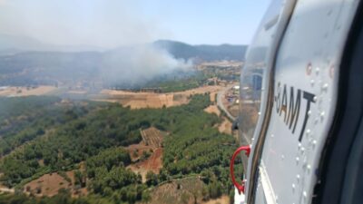 Muğla’nın Seydikemer ilçesinde çıkan orman yangınına hem havadan hem de
