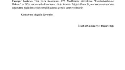 İstanbul Cumhuriyet Başsavcılığı, Tamar Tanrıyar’ı, sosyal medya paylaşımları sebebiyle “Cumhurbaşkanına