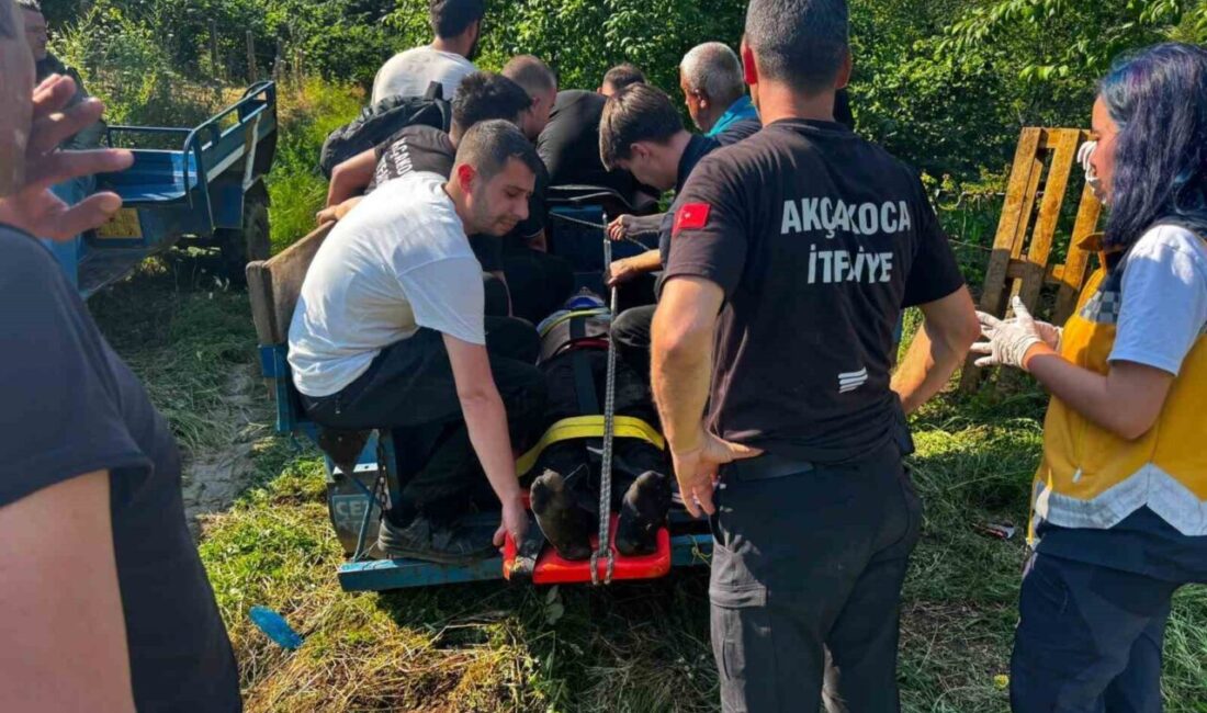 Akçakoca ilçesinde meydana gelen trafik kazasında bir traktör devrilerek sürücüsünü