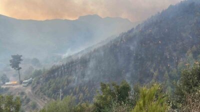 Alanya ilçesindeki orman yangını, rüzgarın etkisiyle hızla yayılarak yakın mahalledeki