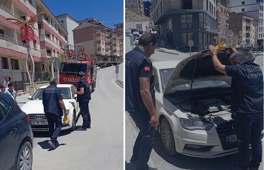 Hakkari’de bir aracın kaporta kısmına sıkışan yavru kedi, itfaiye ekiplerinin
