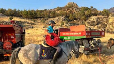 Pamukkale ilçesinde bulunan travertenler yakınlarında meydana gelen orman yangınında, araçların