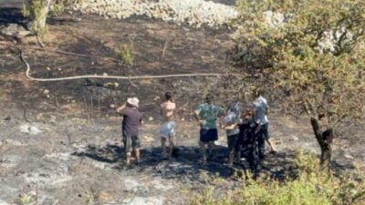 Bodrum ilçesindeki makilik ve otluk alanda çıkan yangın, hava ve