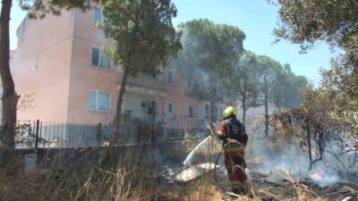 Balıkesir’in Burhaniye ilçesinde, Çanakkale-İzmir Karayolu kenarında meydana gelen ot yangını,