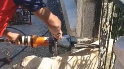 Erbaa ilçesindeki bir apartman girişinde demir kapağa sıkışan bir köpek,