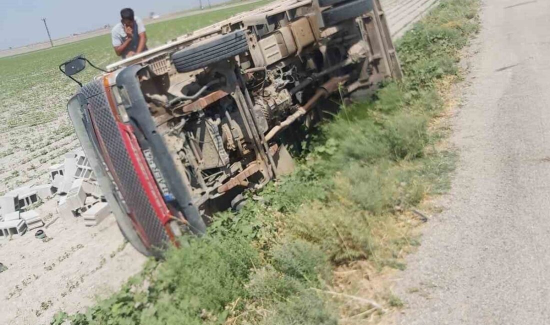 Hatay’ın Kumlu ilçesinde bir sürücü, kontrolünü kaybettiği briket yüklü kamyonuyla