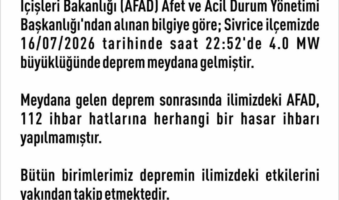 Elazığ’ın Sivrice ilçesinde meydana gelen 4.0 büyüklüğündeki depremden sonra Elazığ