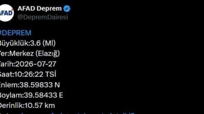 Elazığ ilinde 3.6 büyüklüğünde bir deprem meydana geldi. Deprem Dairesi