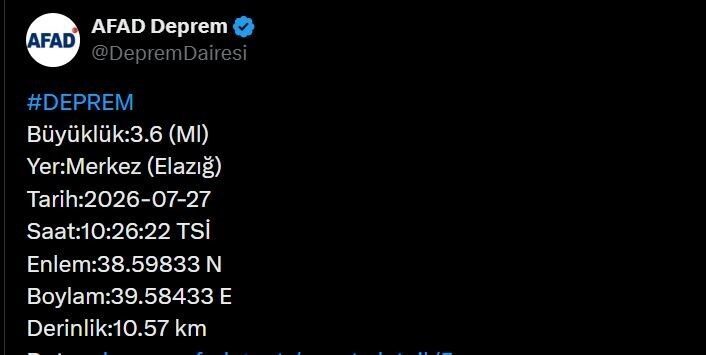 Elazığ ilinde 3.6 büyüklüğünde bir deprem meydana geldi. Deprem Dairesi