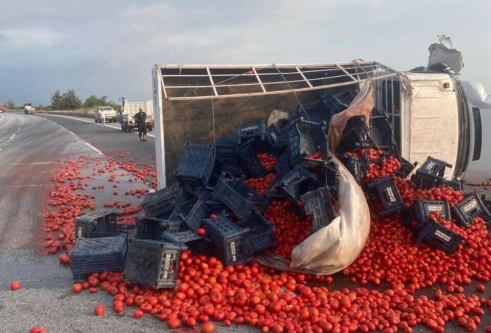 Hatay’da, sürücüsünün kontrolünü yitirmesi sonucu domates yüklü kamyonetin takla atmasıyla