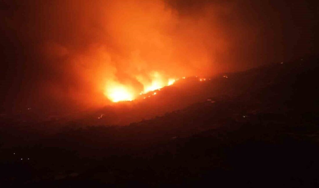 Çine ilçesinde devam eden orman yangını, gece boyunca bölgeyi aydınlatan