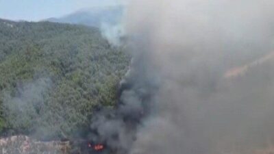 Aydın’ın Kuyucak ilçesinde çıkan orman yangınına hem karadan hem de