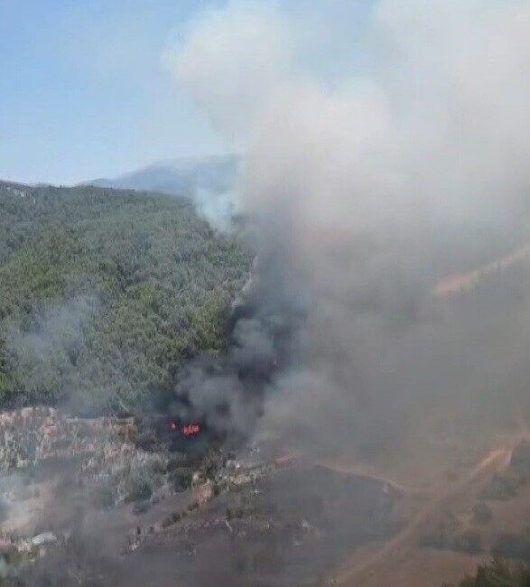 Aydın’ın Kuyucak ilçesinde çıkan orman yangınına hem karadan hem de