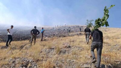 Doğanşehir ilçesinde dağlık bir alanda çıkan anız yangınına ekiplerin müdahalesi