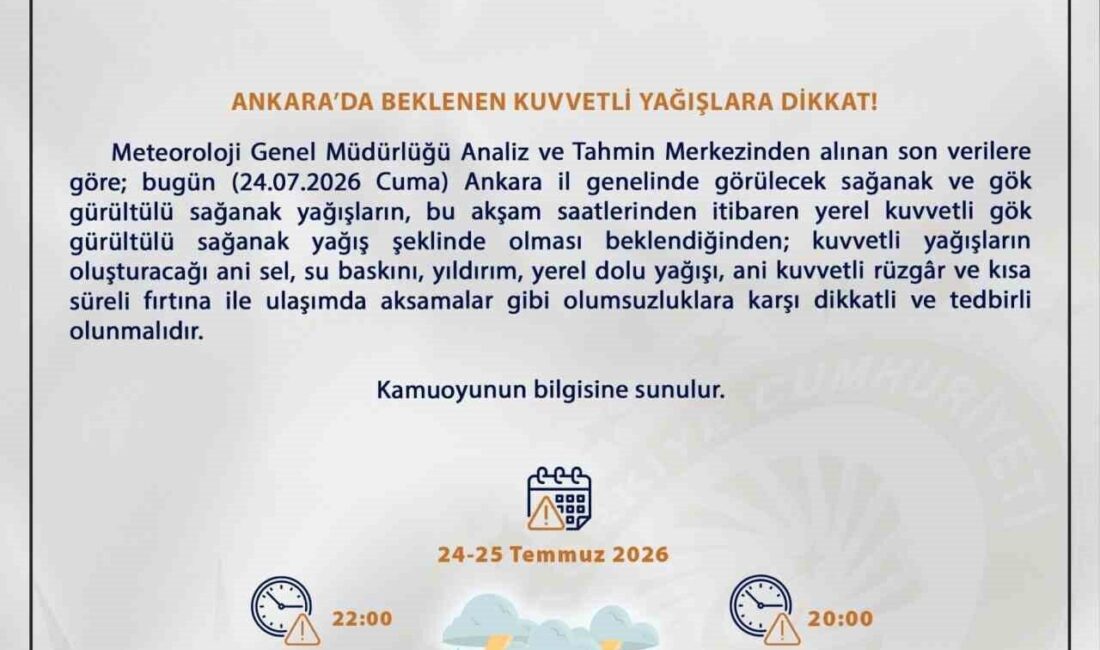 Ankara Valiliği, Meteoroloji Genel Müdürlüğü raporlarına dayanarak bugün ve yarın