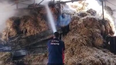 Reyhanlı ilçesindeki bir ahırda çıkan samanlık yangını, hızlı müdahaleyle geniş