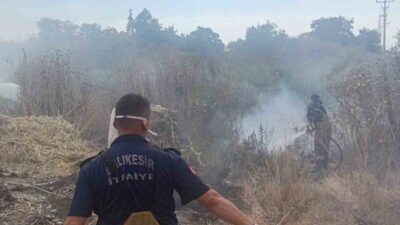 Balıkesir’in Susurluk ilçesinde Beyköy Mahallesi’nde meydana gelen saman yangını, itfaiye