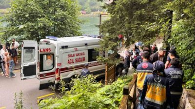 Trabzon’un Çaykara ilçesindeki Uzungöl beldesinde bulunan seyir terasında bir otomobil