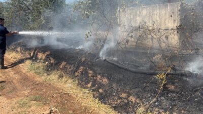 Köşk ilçesindeki zeytinlik alanda çıkan yangın, rüzgarın etkisiyle hızla yayıldığı