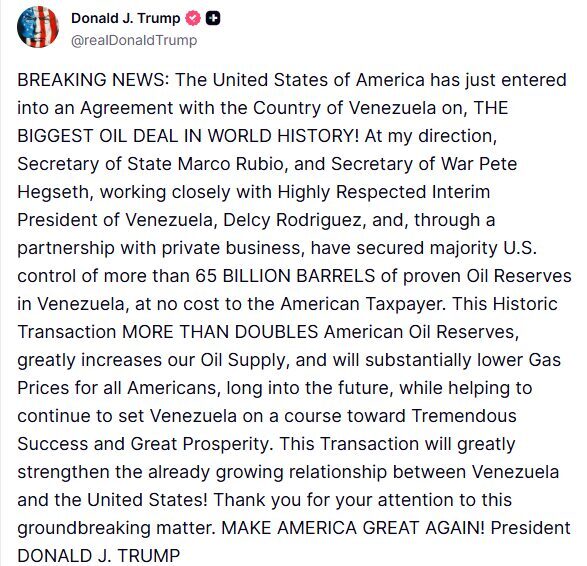 ABD Başkanı Donald Trump, Venezuela ile yapılan anlaşmayı duyurarak, ülkenin