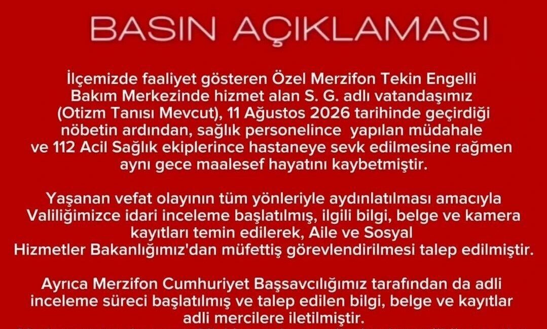 Amasya’nın Merzifon ilçesinde özel bir bakım evinde rahatsızlanan 32 yaşındaki