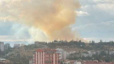 Etimesgut ilçesindeki bir otla kaplı alanda çıkan yangına itfaiye ekipleri