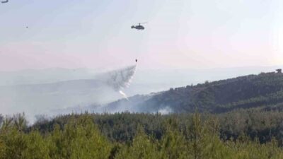 Bayramiç ilçesinde meydana gelen orman yangını, ekiplerin hava ve karadan