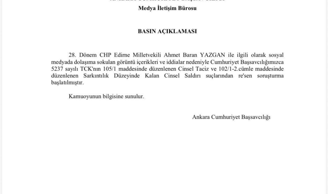 Ankara Cumhuriyet Başsavcılığı, 28. Dönem CHP Edirne Milletvekili Ahmet Baran
