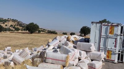 Çermik ilçesinde meydana gelen bir kaza, saman yüklü bir kamyonun