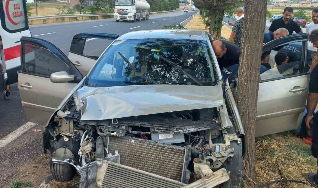 Elazığ’da meydana gelen trafik kazasında, bir otomobilin refüjdeki ağaca çarpması