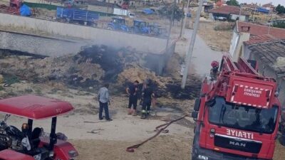 Günyüzü ilçesine bağlı Kavuncu Mahallesi’nde bir çiftçiye ait saman balyalarının