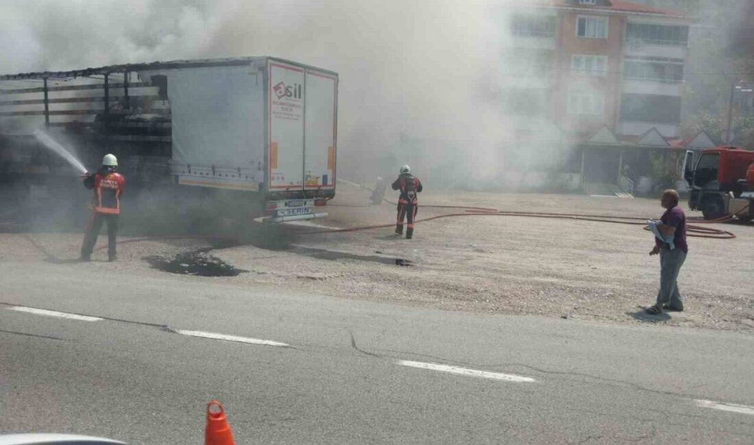 Giresun’da, bir tırın dorse kısmında çıkan yangın, itfaiye ekibinin müdahalesi
