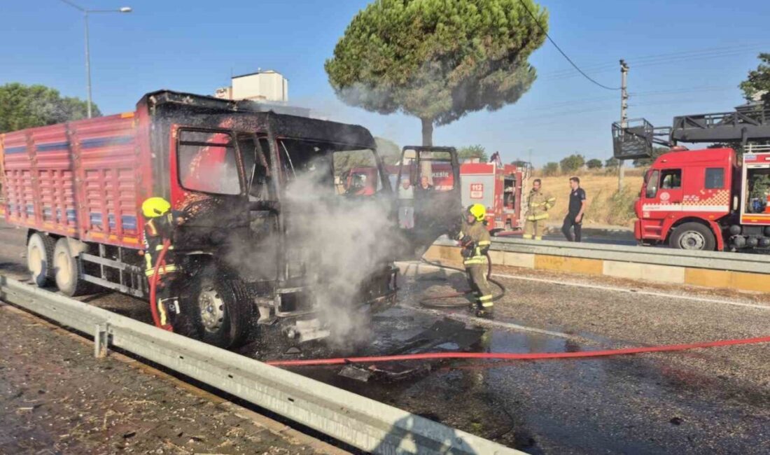 Balıkesir’in Gönen ilçesinde bir kamyon alev aldı ve itfaiye ekipleri