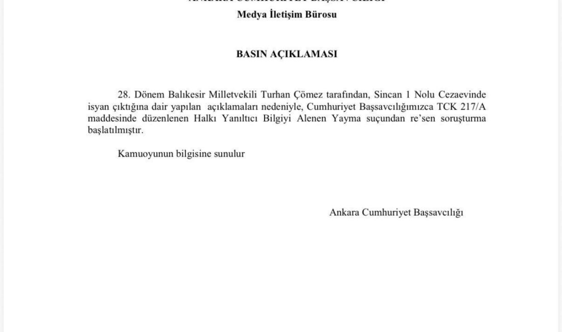 İYİ Parti Balıkesir Milletvekili Turhan Çömez hakkında Ankara Cumhuriyet Başsavcılığı