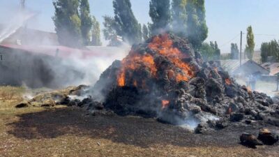 Kars’ta bir çiftçinin evinin bahçesine istiflediği yaklaşık bin balya ot,