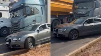 Mersin’de bir tırın arkadan çarptığı bir otomobil sürücüsü, aracından inerek