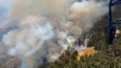 Aydın’ın Kuyucak ilçesinde meydana gelen orman yangınına karadan ve havadan
