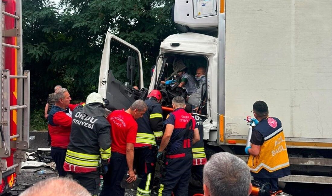 Fatsa ilçesinde meydana gelen zincirleme trafik kazasında 2 kamyon, 1