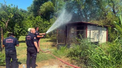 Muğla’nın Ortaca ilçesinde, küçük bir ahşap kulübenin etrafındaki çuvalların alev