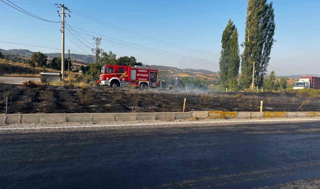 Denizli-Buldan yolu üzerinde bulunan orta refüjde meydana gelen ot yangını,