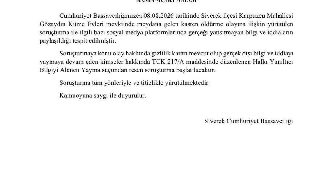 Siverek Cumhuriyet Başsavcılığı, 8 Ağustos 2026 tarihinde Siverek ilçesinde yaşanan