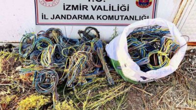 İzmir’de kablo hırsızlığı yaparken jandarma ekipleri tarafından yakalanan 3 şüphelinin,