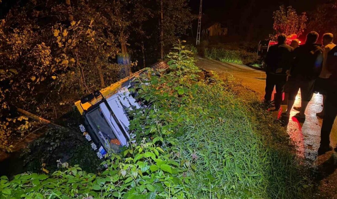 Artvin’in Hopa ilçesinde, yağış sebebiyle kayganlaşan bir yolda sürücüsünün kontrolünü