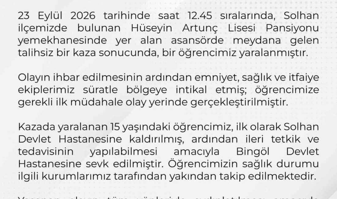 Bingöl Valiliği, Solhan ilçesindeki bir okul mutfağında meydana gelen yük