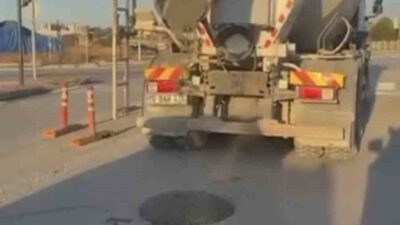 Beton mikserinden yola beton dökülmesi anı Bursa’da bir sürücü tarafından