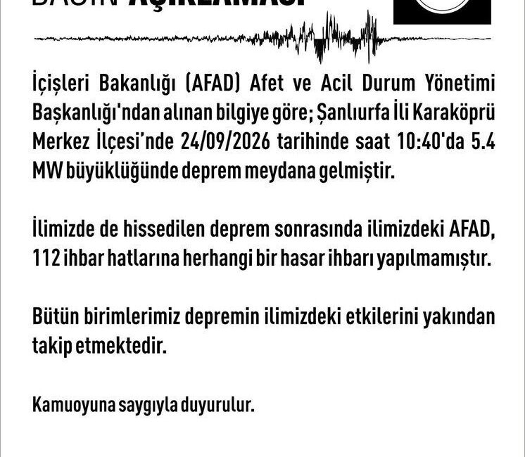 Şanlıurfa’da gerçekleşen 5,4 büyüklüğündeki deprem, Elazığ’da da hissedildi. Elazığ Valiliği’nden