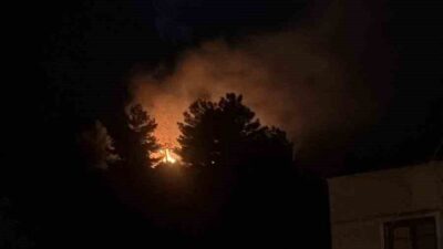 Hatay’ın Arsuz ilçesine bağlı Hüyük Mahallesi’nde havai fişeğin ormanlık alana
