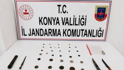 Konya’da Jandarma ekipleri tarafından yapılan operasyonlarda, sikke, dedektörler, alan tarama