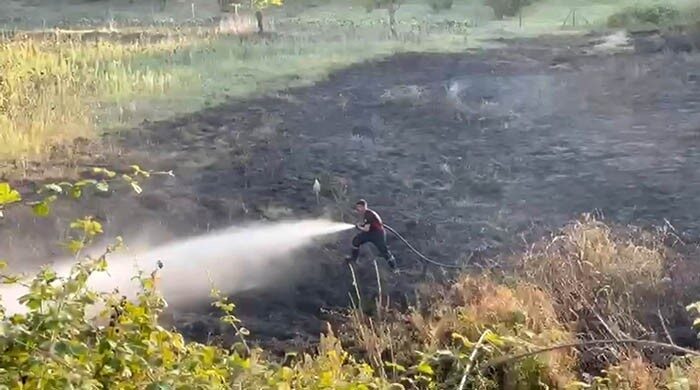 Sakarya’nın Kaynarca ilçesinde kontrolsüz bir şekilde yakılan ateşin otluk alana